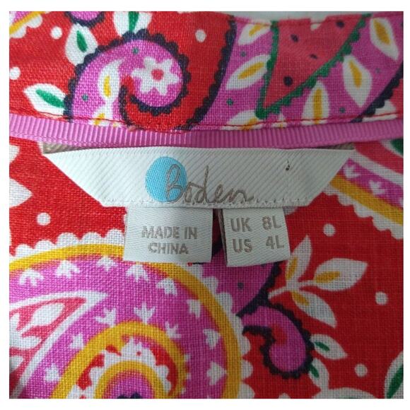 Boden Evangeline 100% Linen Red Paisley V-Neck Tunic Dress Size 4L 3/4 Sleeve - Picture 7 of 8